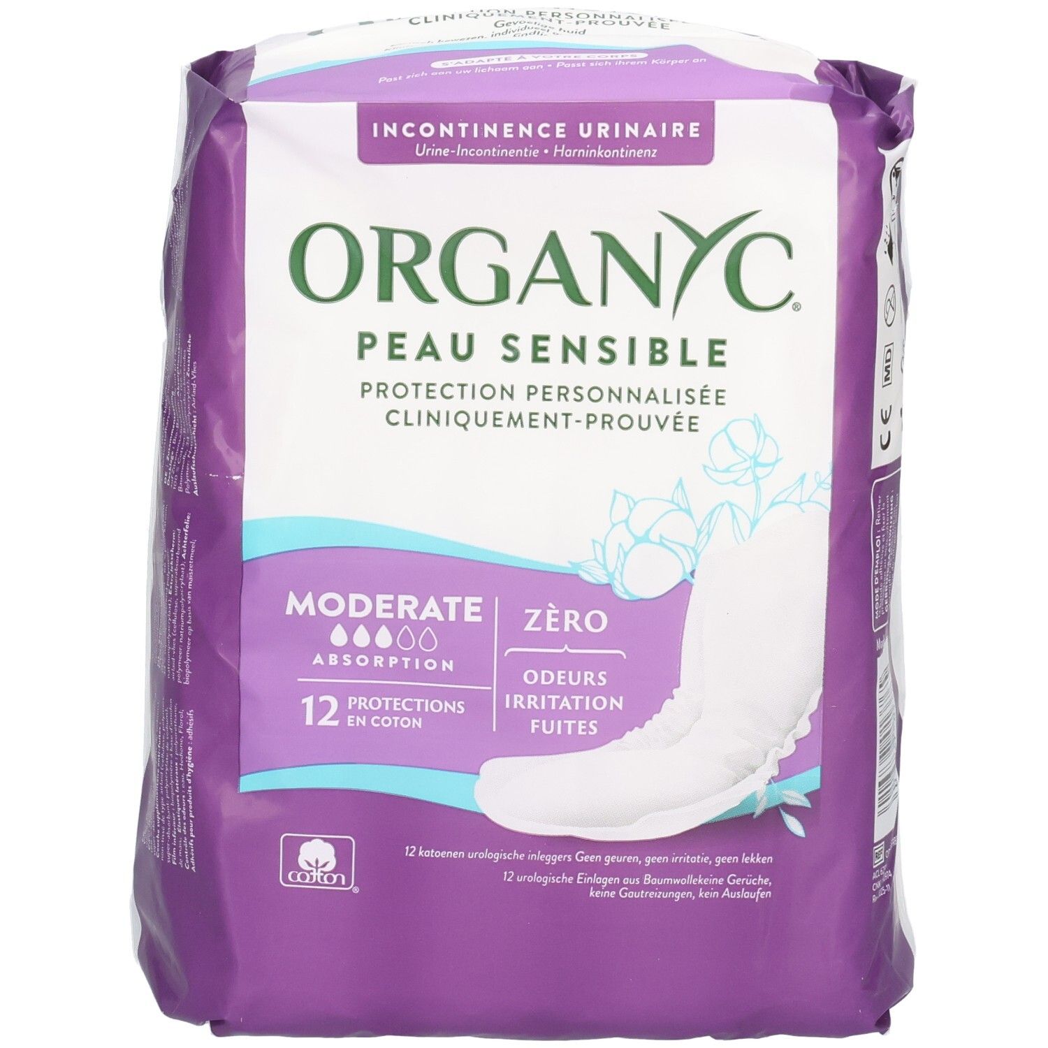 ORGANYC Protections pour fuites urinaires, 12 pièces, absorption modérée, en coton bio.