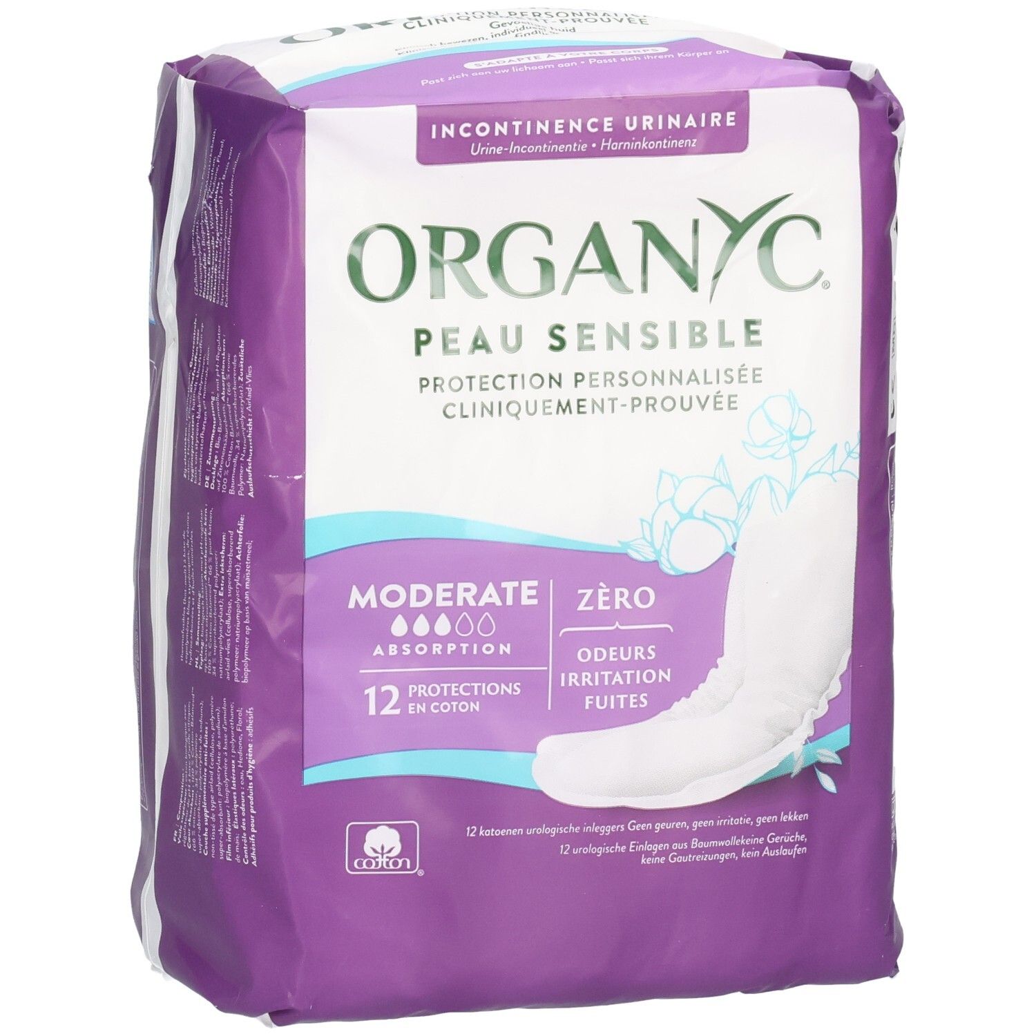 ORGANYC Protections pour fuites urinaires, 12 pièces, absorption modérée, en coton bio.
