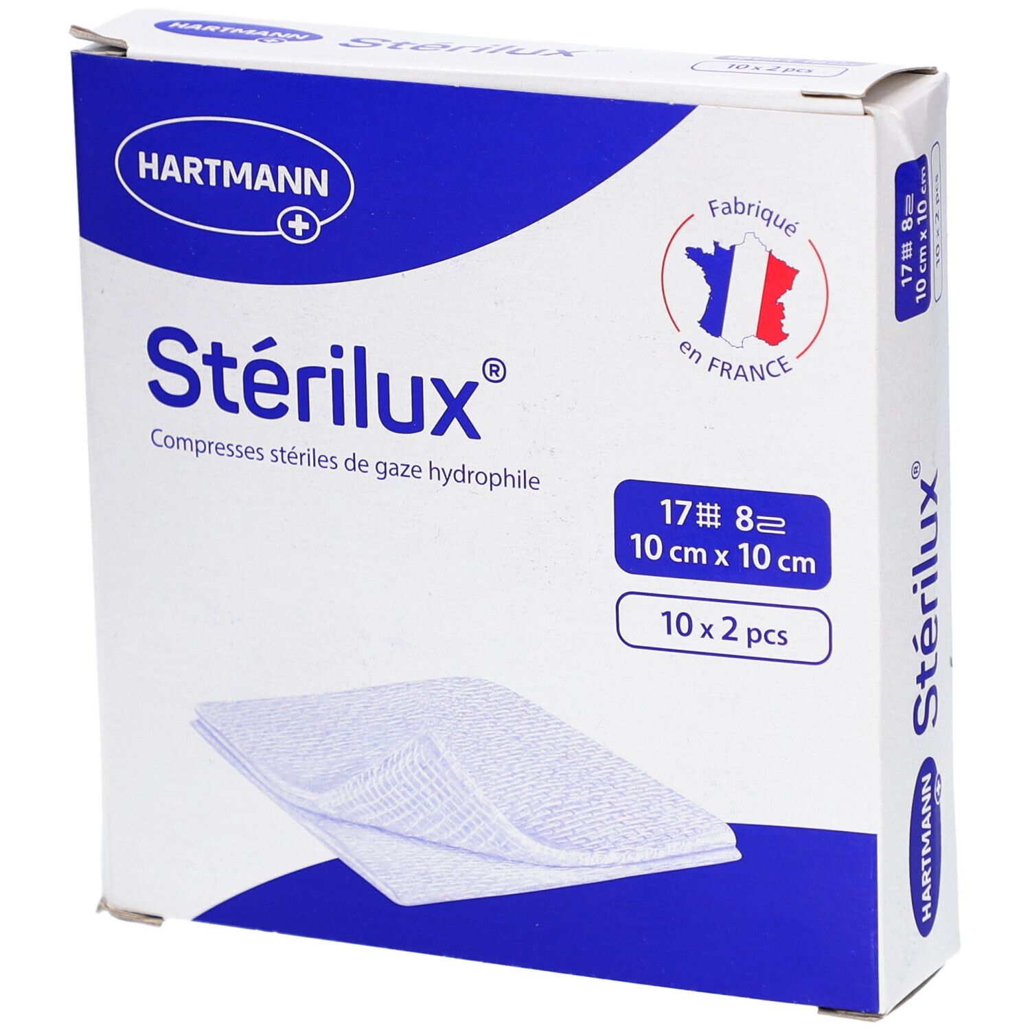 Boîte de compresses Stérilux 10 cm x 10 cm. 10 x 2 pièces. Marque Hartmann. Fabriqué en France.