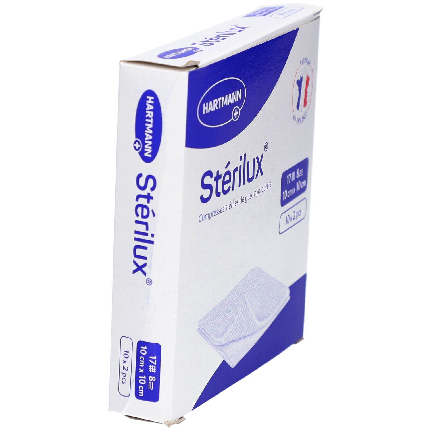 Boîte de compresses Stérilux 10 cm x 10 cm. Marque Hartmann. 10 x 2 pièces. Vue latérale. Fabriqué en France.