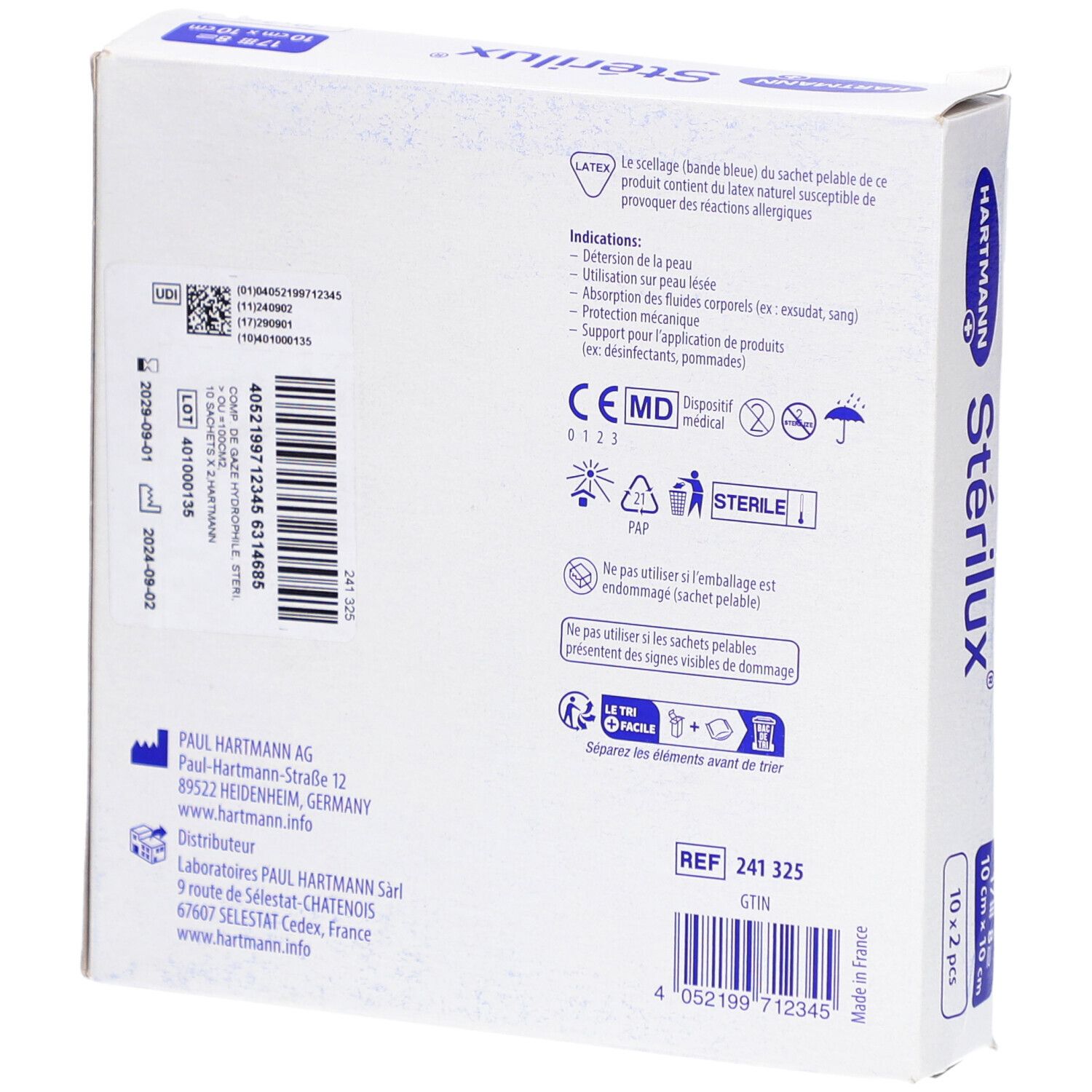 Dos de la boîte de compresses Stérilux. Informations sur les ingrédients, mode d'emploi et fabricant. Marquage CE.