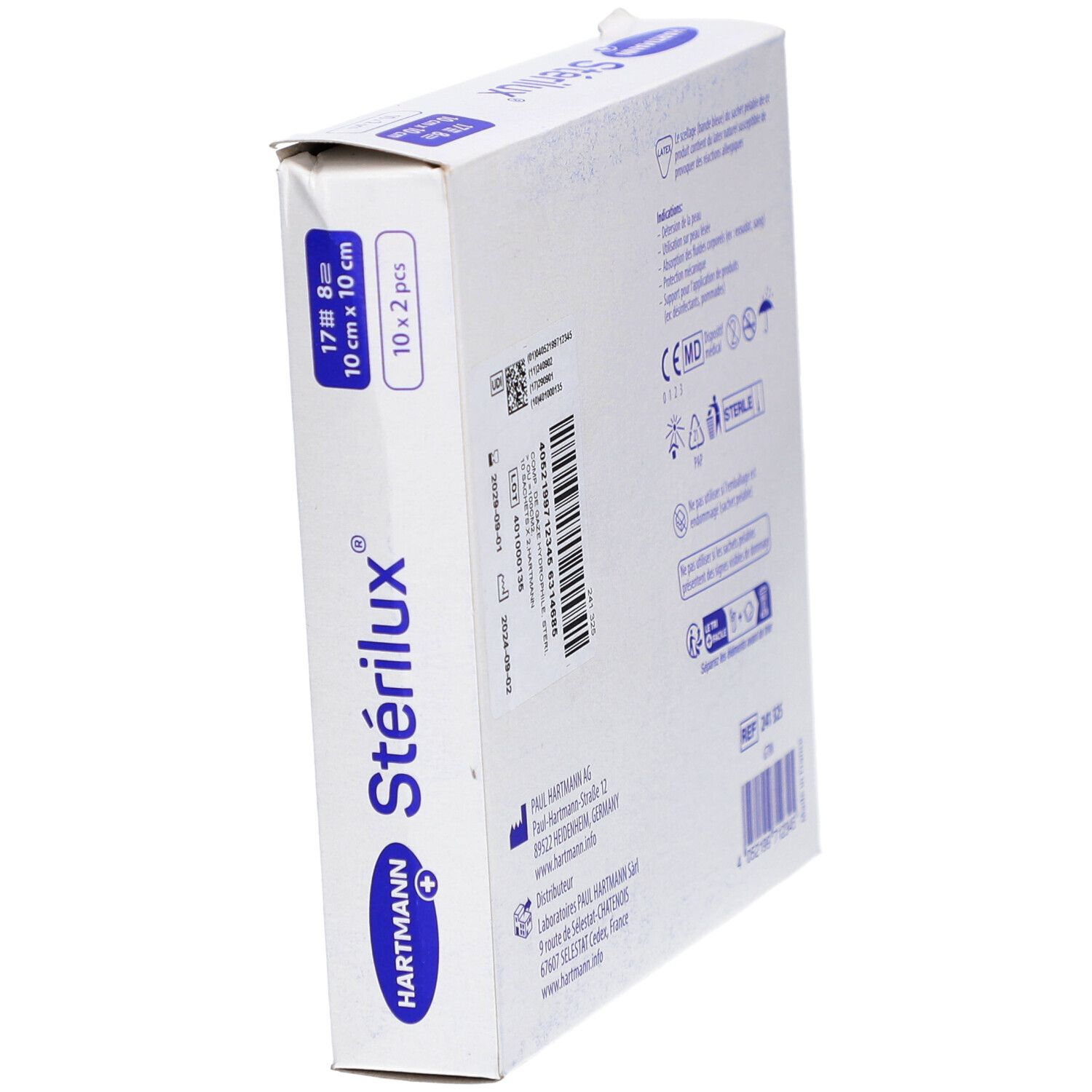 Vue latérale de la boîte de compresses Stérilux. 10 cm x 10 cm. Marque Hartmann. 10 x 2 pièces. Marquage CE.