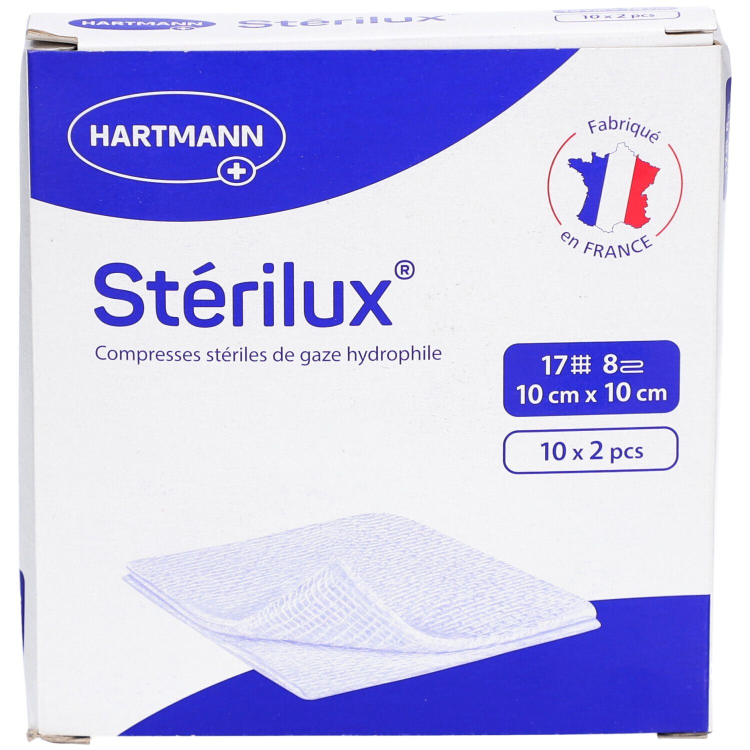 Boîte de compresses Stérilux 10 cm x 10 cm. 10 x 2 pièces. Marque Hartmann. Fabriqué en France.