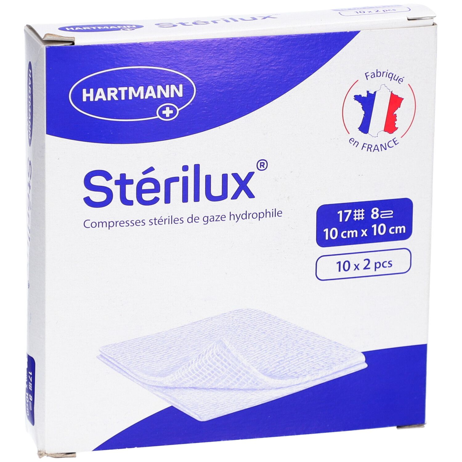 Boîte de compresses Stérilux 10 cm x 10 cm. 10 x 2 pièces. Marque Hartmann. Fabriqué en France.