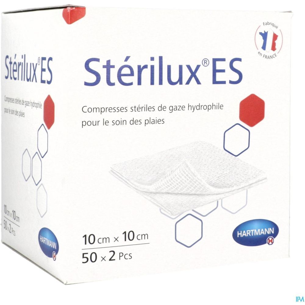 Boîte de compresses ES 10 cm x 10 cm. Stériles. Logo Hartmann. Drapeau français. 50 x 2 pièces. Compresses blanches.