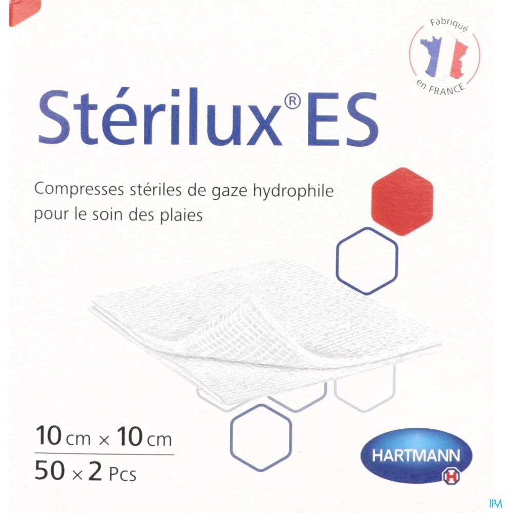 Compresse de gaze ES 10 cm x 10 cm. Stérile. Logo Hartmann. Drapeau français. 50 x 2 pièces. Compresses blanches sur fond blanc.