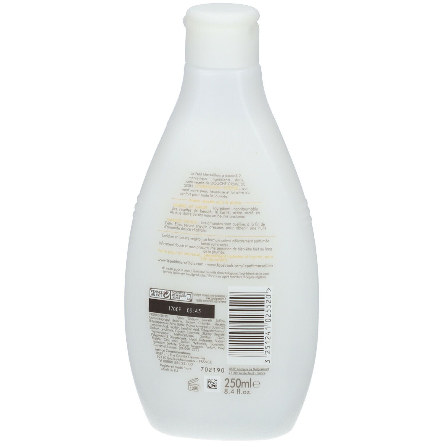 Flacon blanc ovale avec bouchon blanc. Texte et code-barres au dos. 250ml.