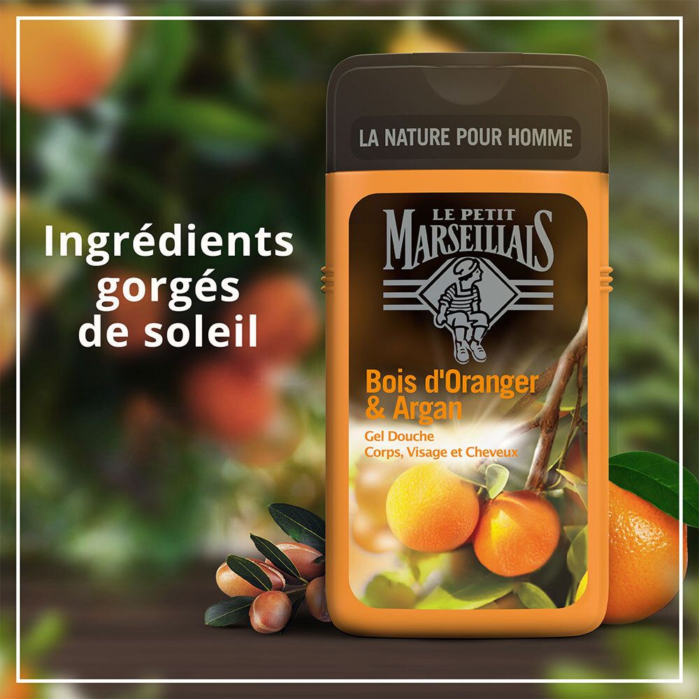Le Petit Marseillais Gel Douche Homme Corps et Cheveux Bois D'oranger & Argan Flacon, 250 ml