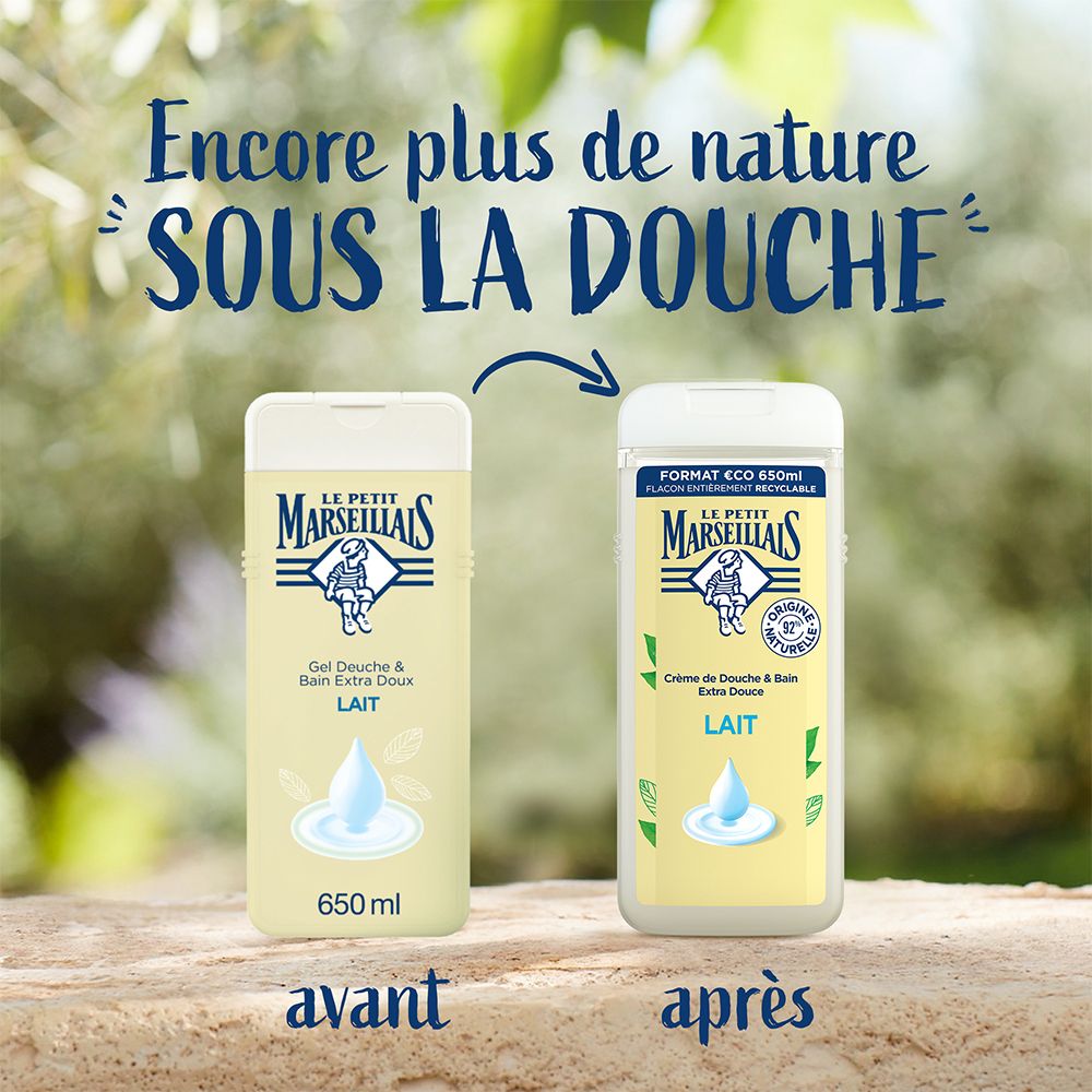 Deux flacons de gel douche Le Petit Marseillais. Texte: Avant et Après.
