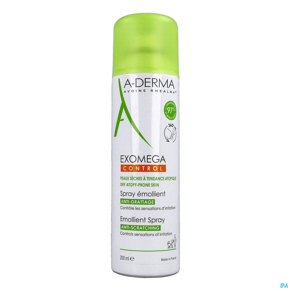 Spray A-DERMA EXOMEGA CONTROL. Flacon blanc avec bouchon vert. Inscriptions et logos sur le devant.