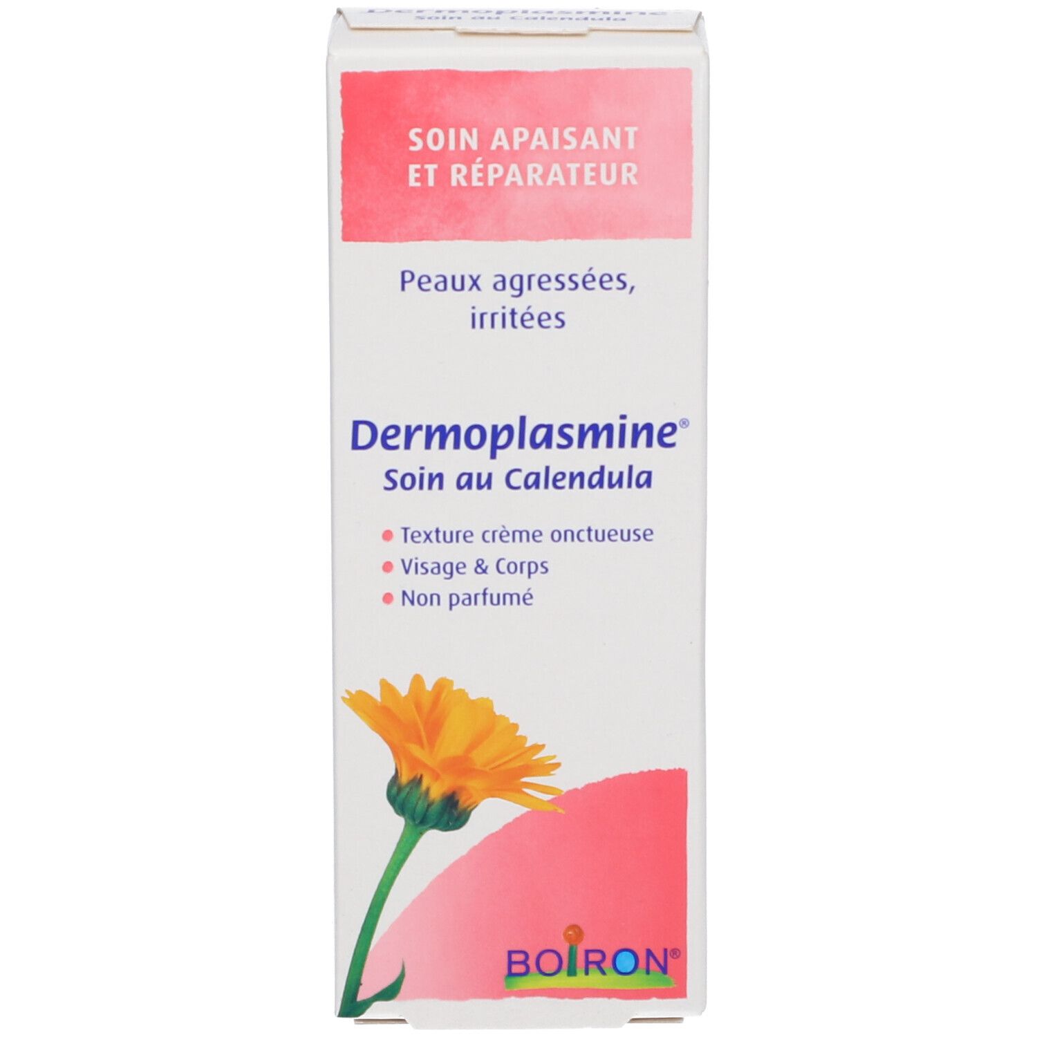 Boîte de Dermoplasmine® au Calendula. Texte: Soin apaisant et réparateur. Visage & corps. Non parfumé.