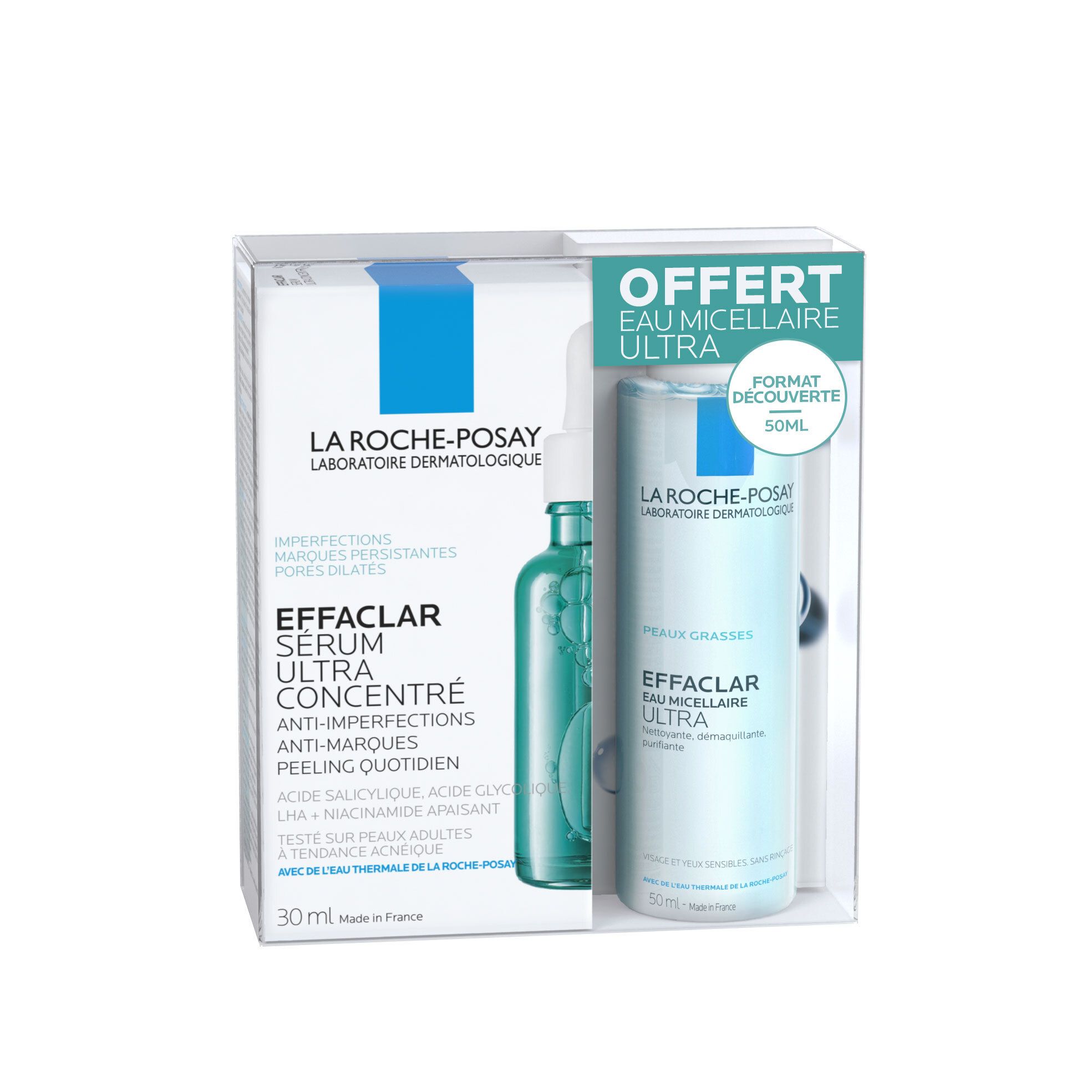 Coffret LA ROCHE-POSAY Effaclar Sérum Ultra Concentré et Eau micellaire Ultra. Contient 30ml sérum et 50ml eau micellaire.
