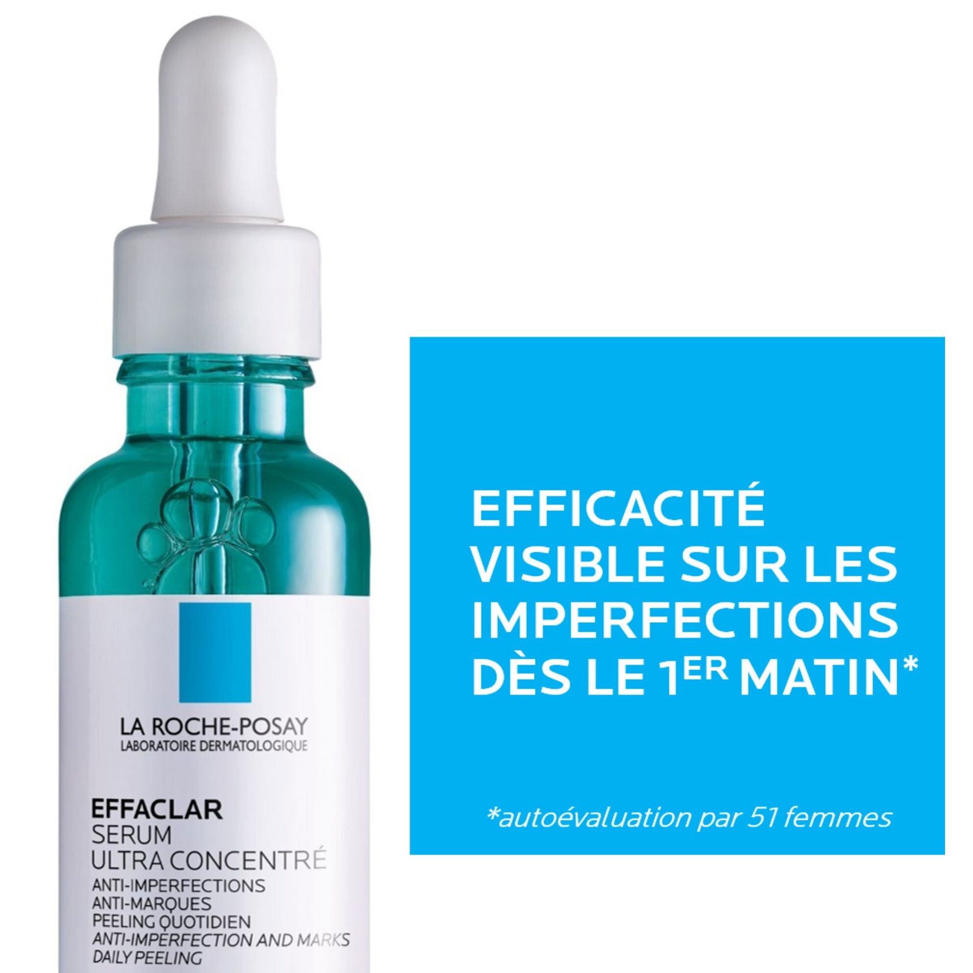 LA ROCHE-POSAY Effaclar Sérum Ultra Concentré. Flacon avec pipette. Texte: Efficacité visible dès le 1er matin.