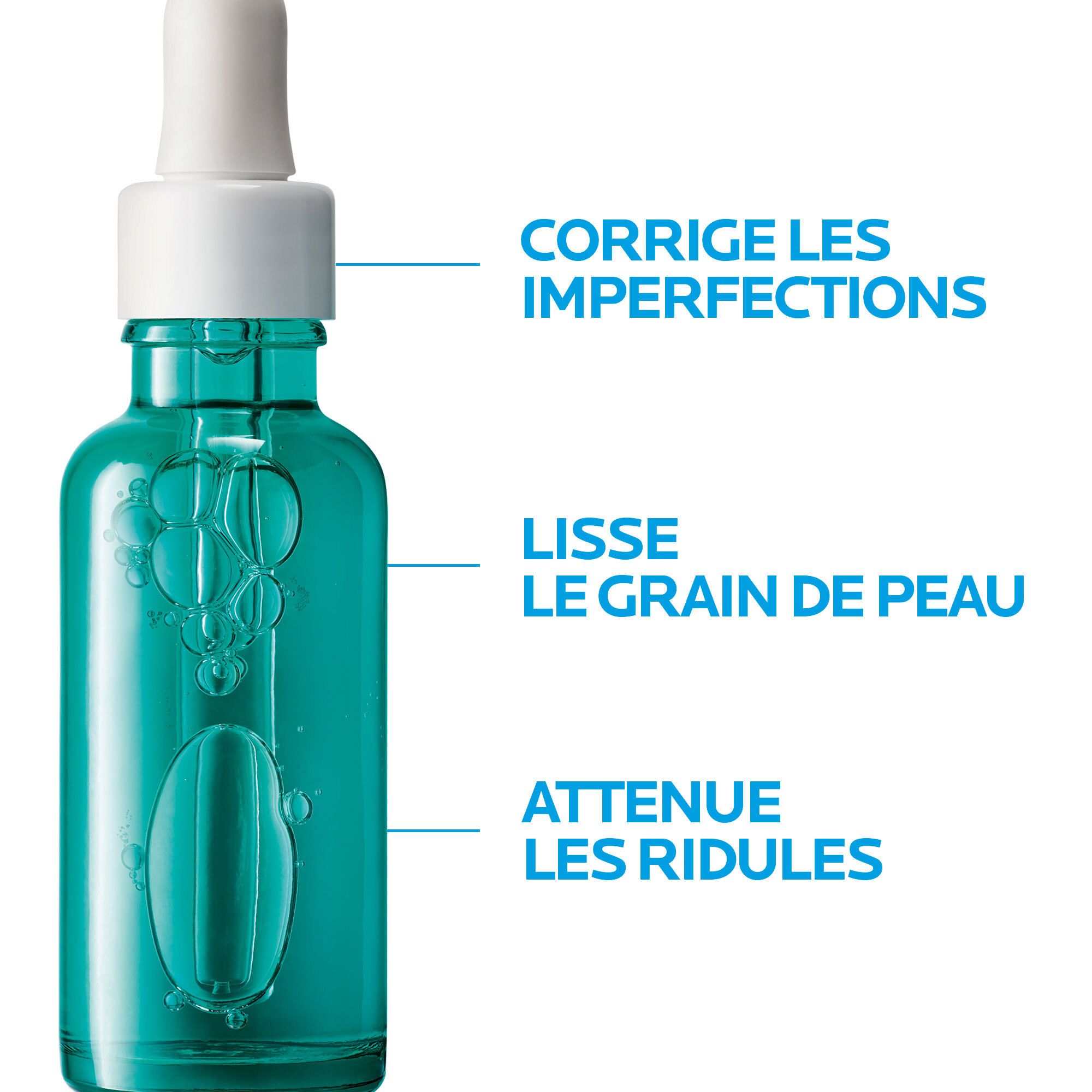 LA ROCHE-POSAY Effaclar Sérum Ultra Concentré. Flacon avec pipette. Texte: Corrige les imperfections, lisse le grain de peau, atténue les ridules.