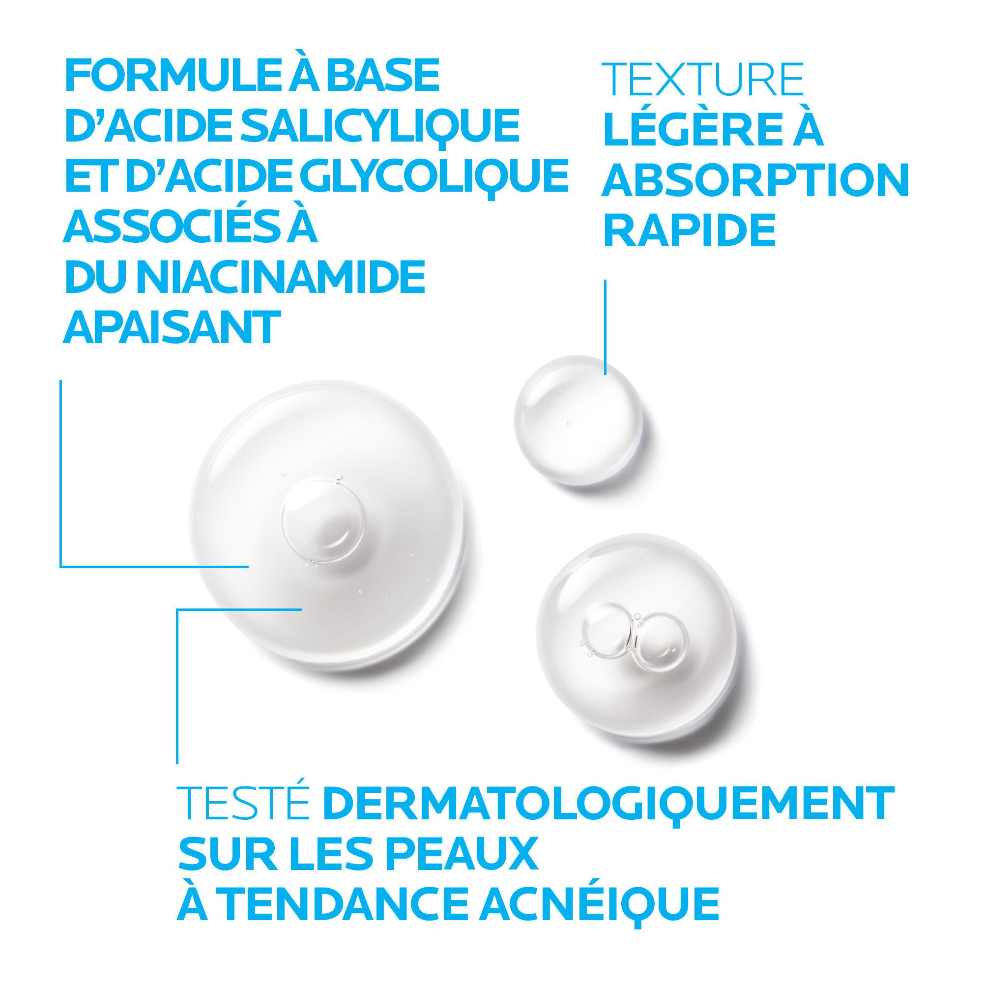 LA ROCHE-POSAY Effaclar Sérum Ultra Concentré. Texte: Formule à base d'acide salicylique et d'acide glycolique associés à du niacinamide apaisant.