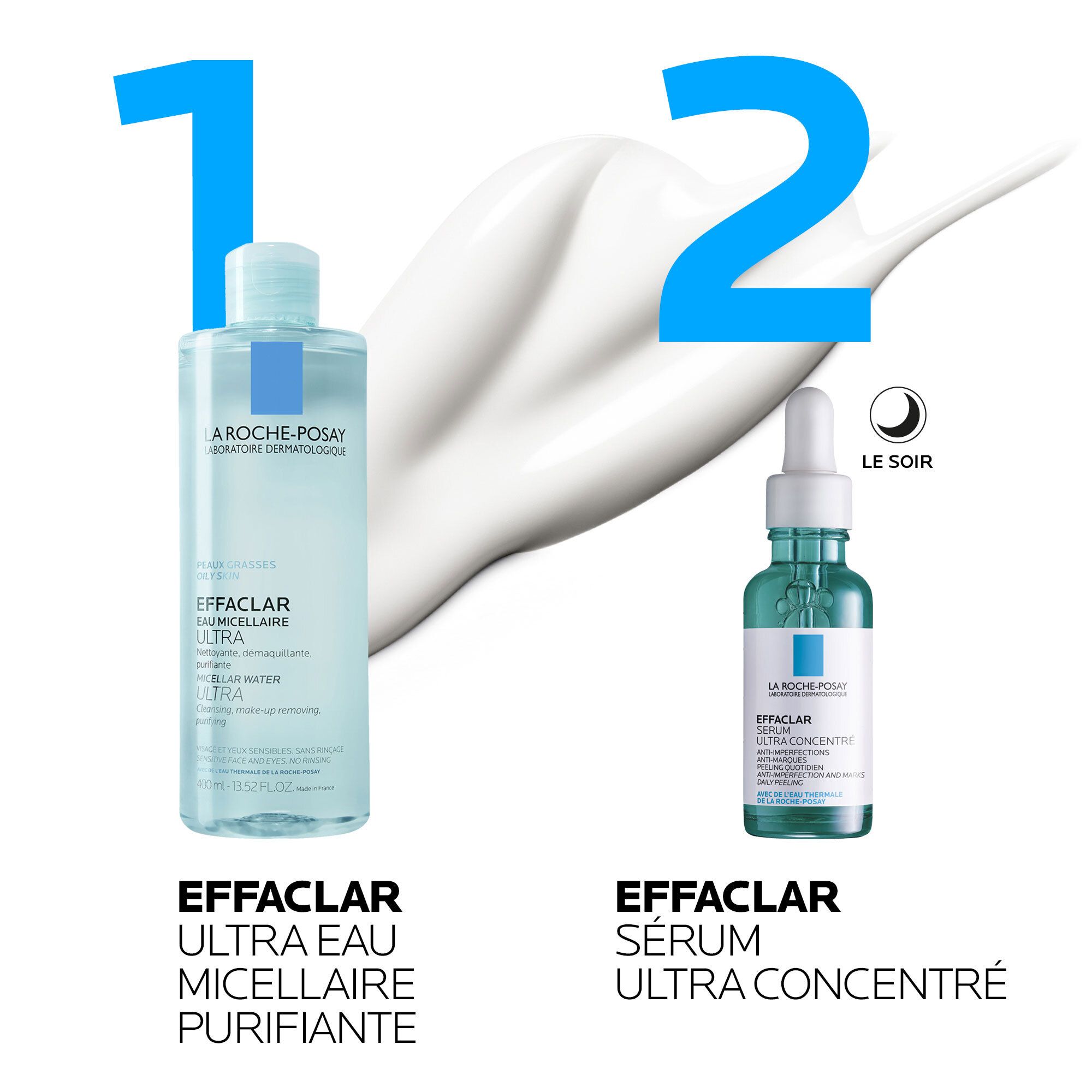 LA ROCHE-POSAY Effaclar Eau Micellaire Ultra et Sérum Ultra Concentré. Produits côte à côte. Utilisation: Le soir.