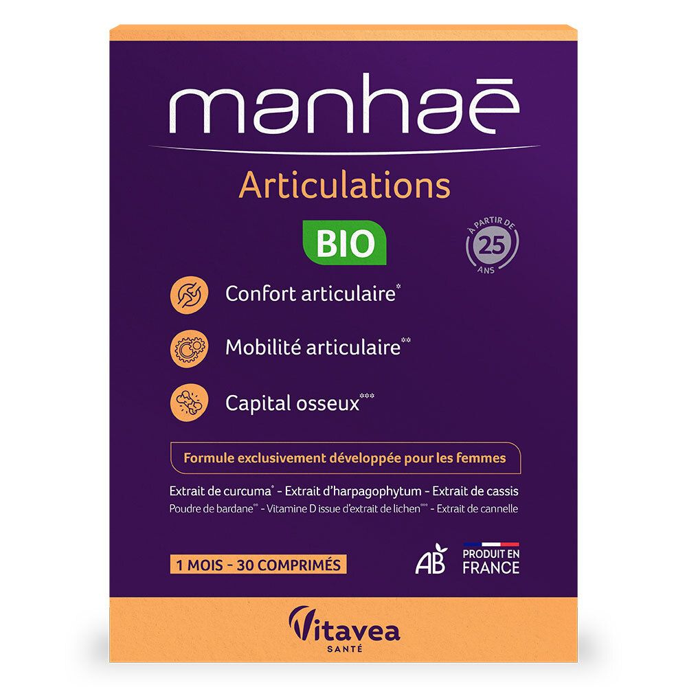 Boîte MANHAE Articulations bio. Violette avec texte blanc. Contient 30 comprimés. Certification bio.