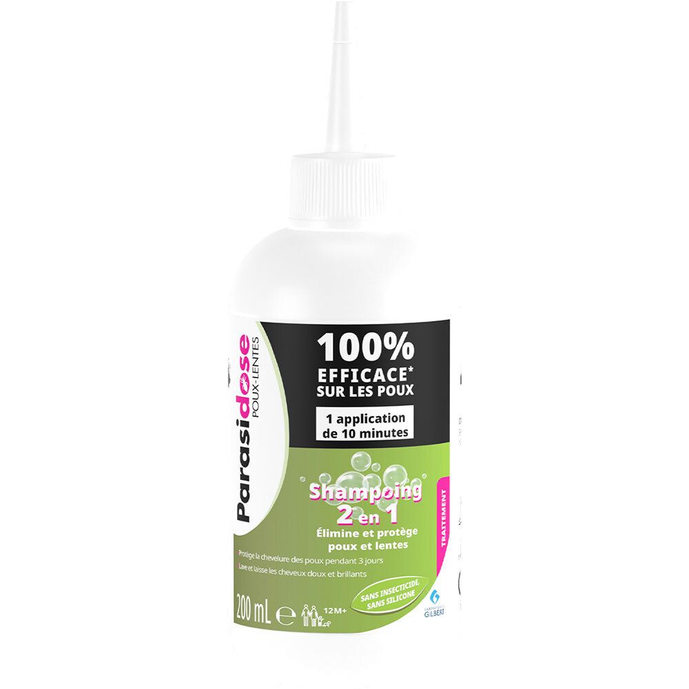 Flacon blanc avec étiquette verte et noire. Texte: Parasidose, 100% efficace, Shampooing 2 en 1. Avec applicateur.