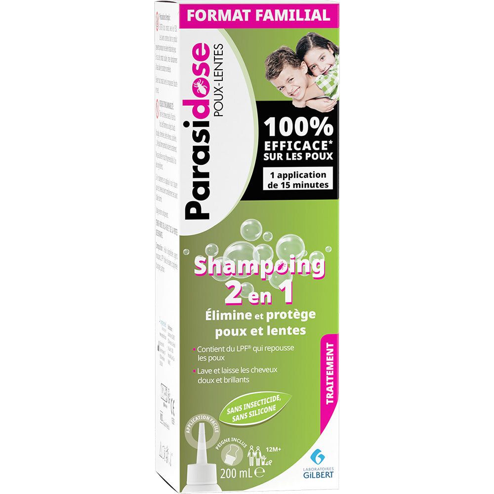 Emballage de Shampooing Parasidose 2 en 1. Design vert et blanc. Texte: 100% efficace, Shampooing 2 en 1. Avec image d'enfants.