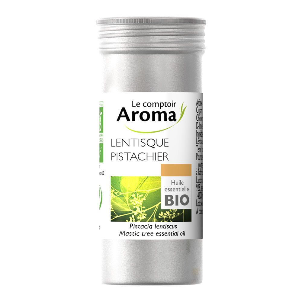 Flacon cylindrique avec bouchon à vis. Inscription : Le Comptoir Aroma, LENTISQUE PISTACHIER, BIO. Label ECOCERT.