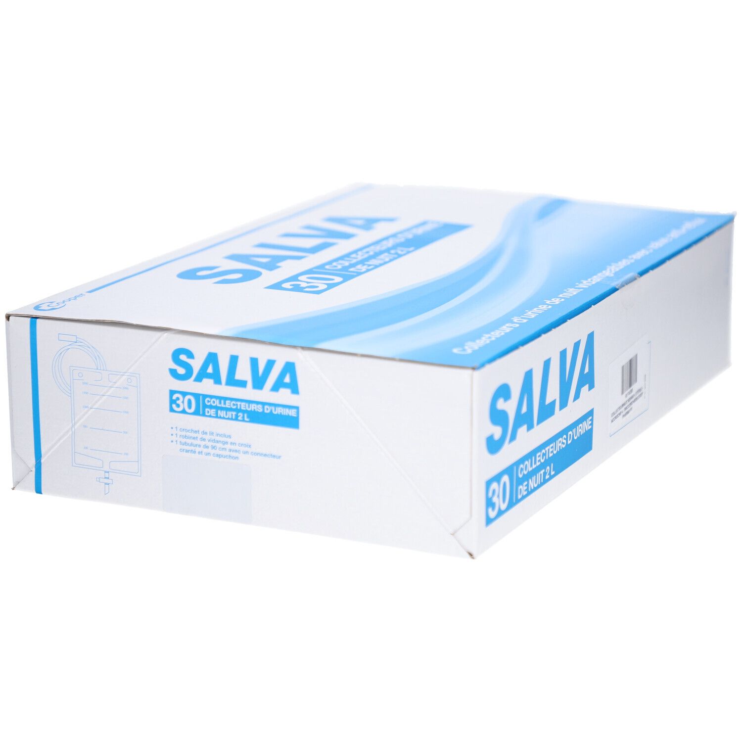 Boîte blanche avec texte bleu SALVA. Contient 30 collecteurs d'urine de nuit. Vue latérale.