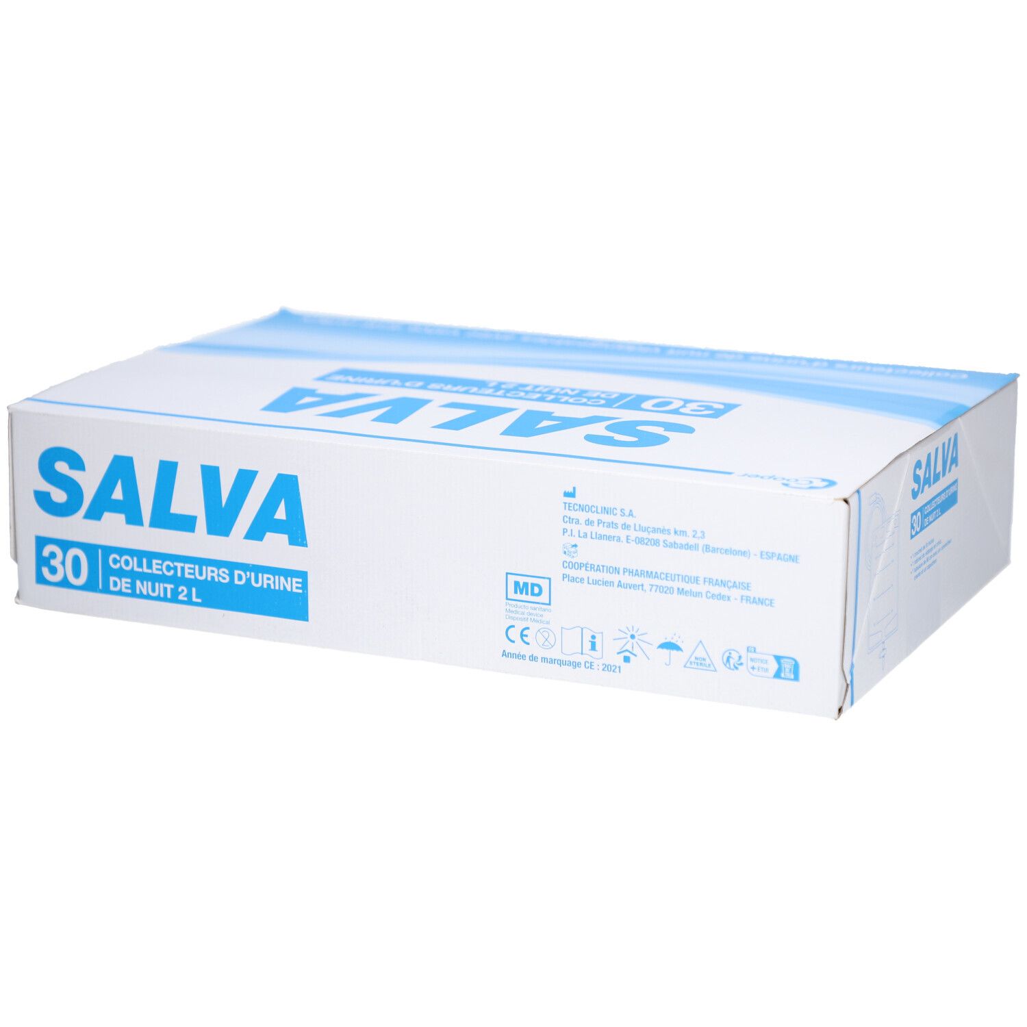 Boîte blanche avec texte bleu SALVA. Contient 30 collecteurs d'urine de nuit. Marquages médicaux.