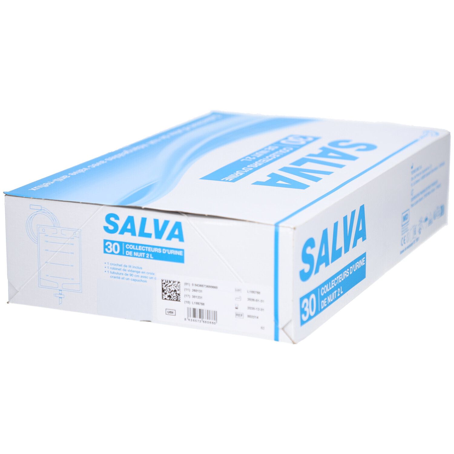 Boîte SALVA, COLLECTEURS D'URINE DE NUIT 2 L, 30 unités. Vue latérale. Motif vagues bleues. Code-barres et détails.