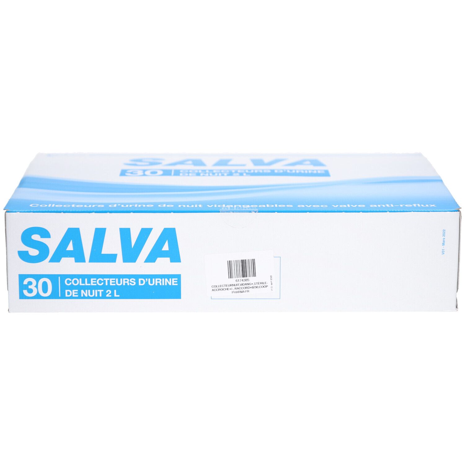 Boîte blanche avec texte bleu SALVA. Contient 30 collecteurs d'urine de nuit. Code-barres et informations.