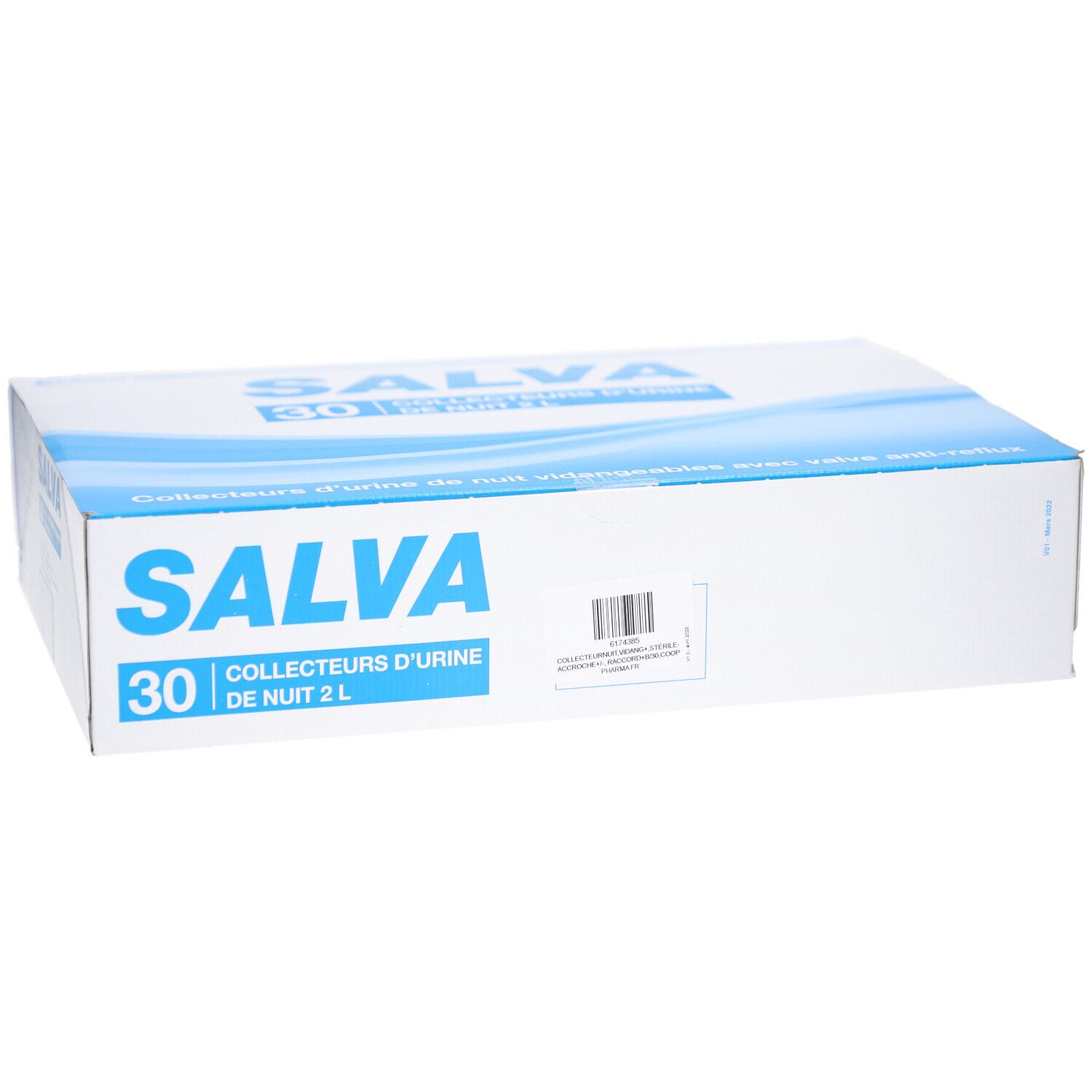 Boîte blanche avec texte bleu SALVA. Contient 30 collecteurs d'urine de nuit. Code-barres et informations.