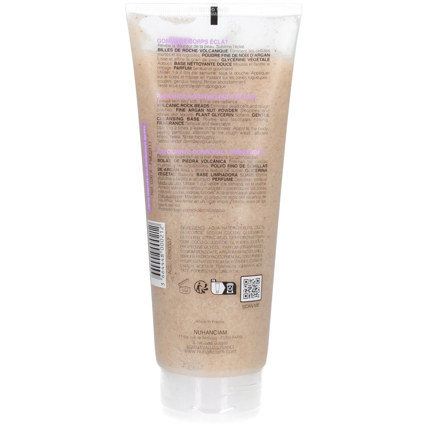 Arrière du tube NUHANCIAM Gommage Corps Éclat, exfoliant corporel, avec liste d'ingrédients.