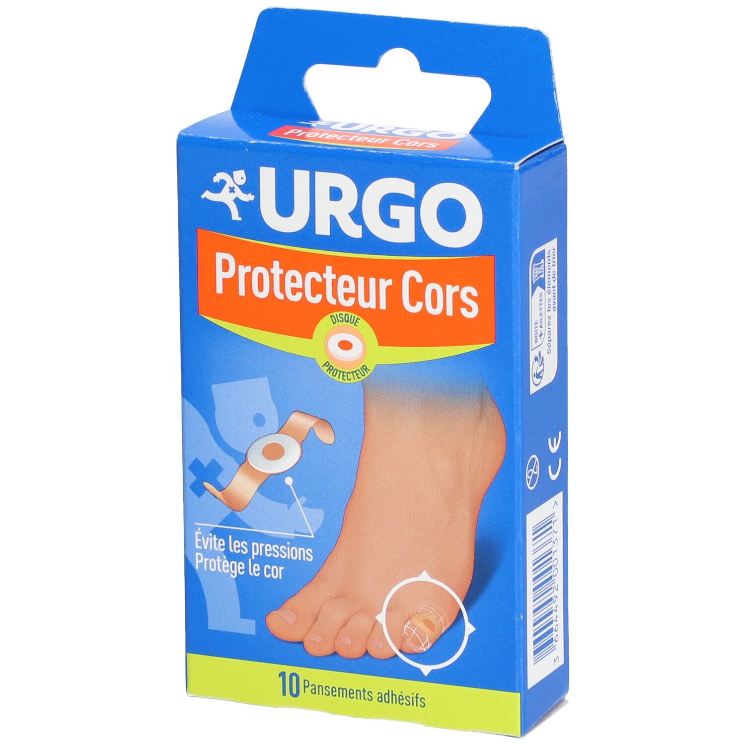 Boîte bleue URGO. Affiche un pied avec un cor et un pansement adhésif. Texte: Protecteur Cors, 10 pansements.