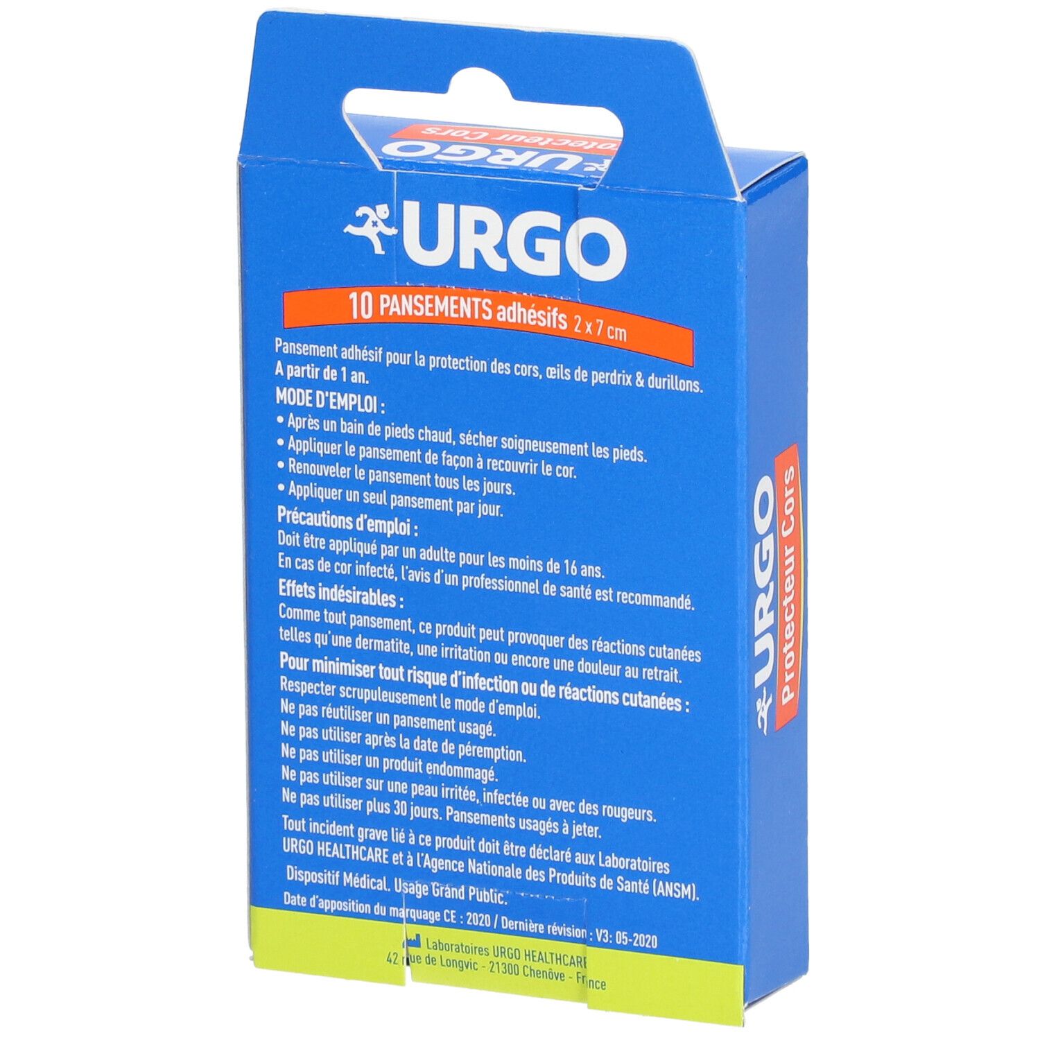 Dos de la boîte URGO. Texte: 10 pansements, mode d'emploi, précautions, informations fabricant.