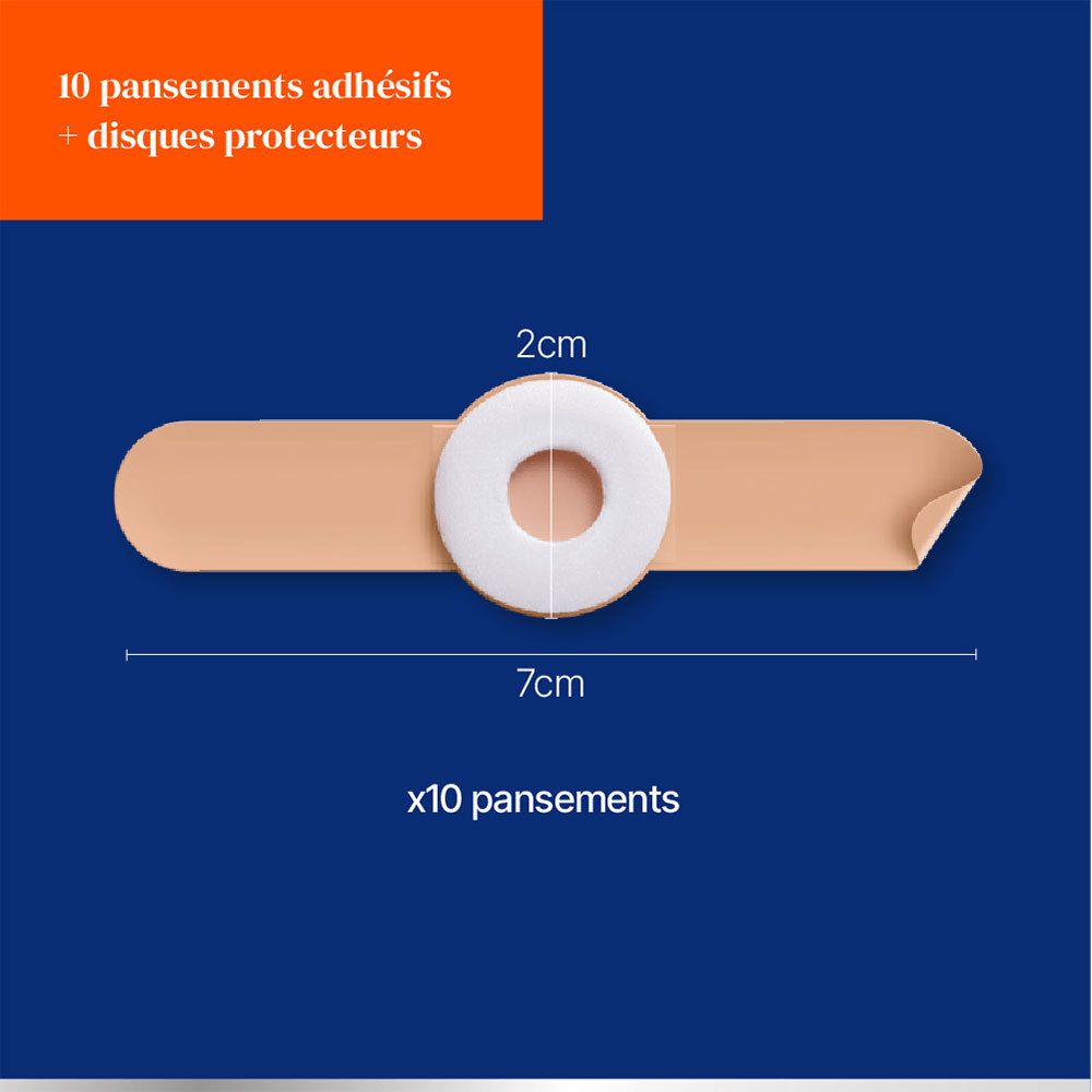 Pansement avec disque protecteur. Dimensions: 7cm long, 2cm large. Texte: '10 pansements'. Fond bleu.
