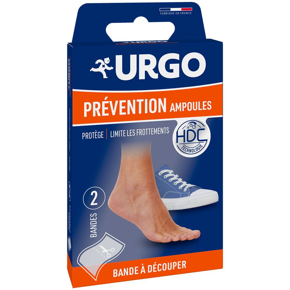 Boîte URGO Préventions ampoules. Visuel d'un pied, chaussure et informations produit. 2 Bandes à découper.