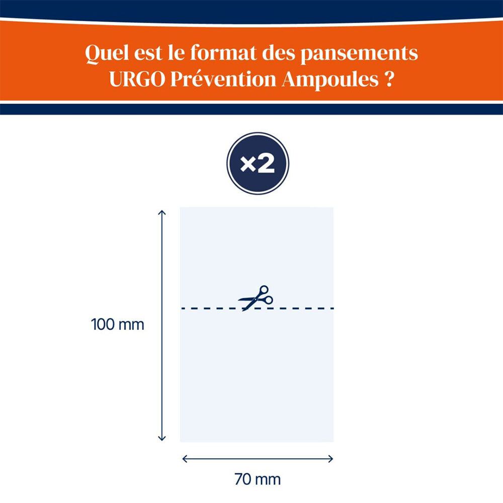URGO Prévention Ampoules : Dimensions d'une bande 100 mm x 70 mm, à découper.