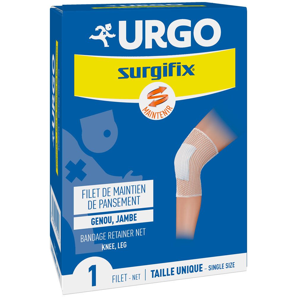 Boîte bleue et blanche. URGO Surgifix, filet de maintien de pansement, genou, jambe. Illustration d'un filet sur un genou. Emballage unique.