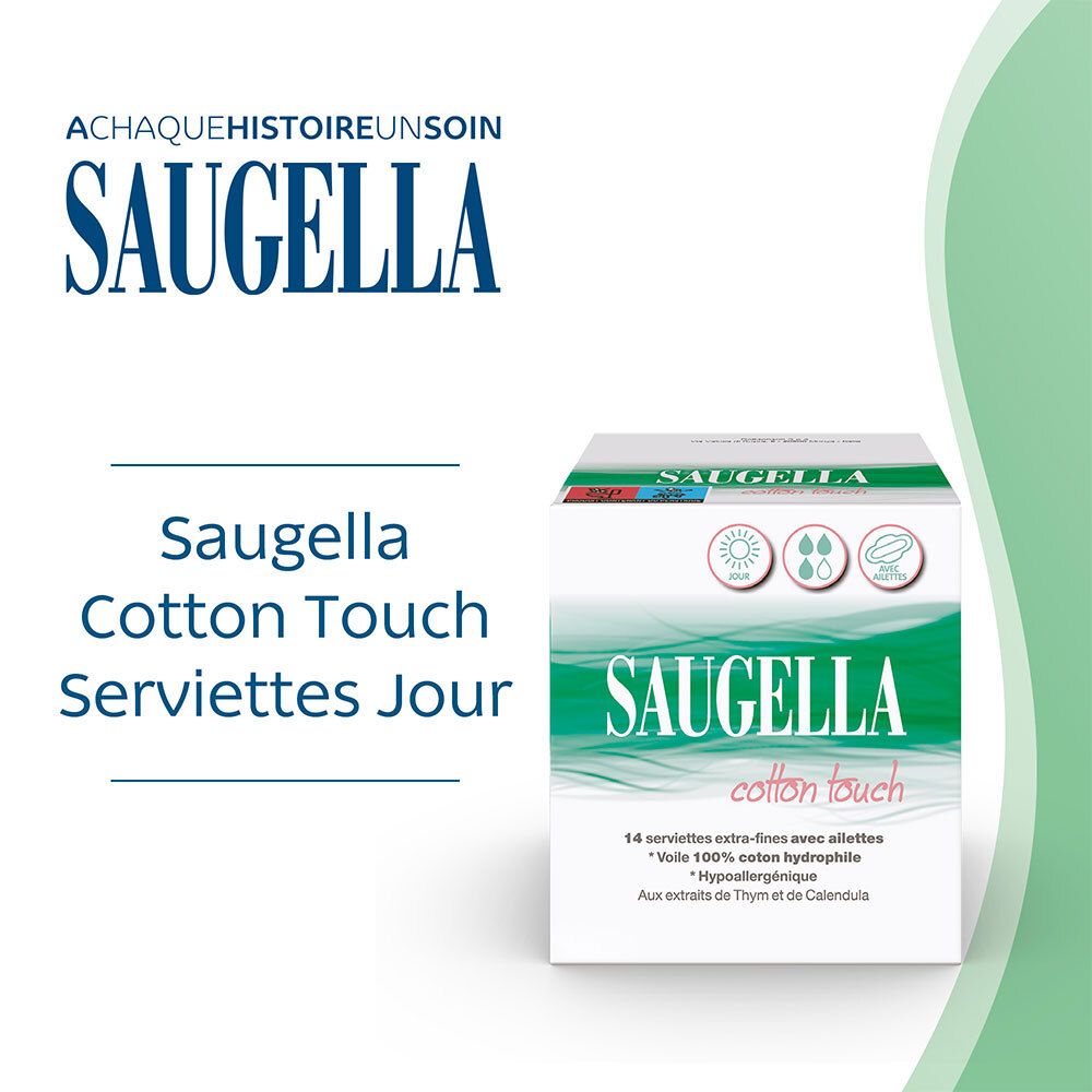 Saugella - Cotton Touch - Serviettes hygiéniques de Jour extra-fines avec ailettes - 100% coton hydrophile - Hypoallergénique - Extraits de Thym et de Calendula - Jour - Pack de 14 X2