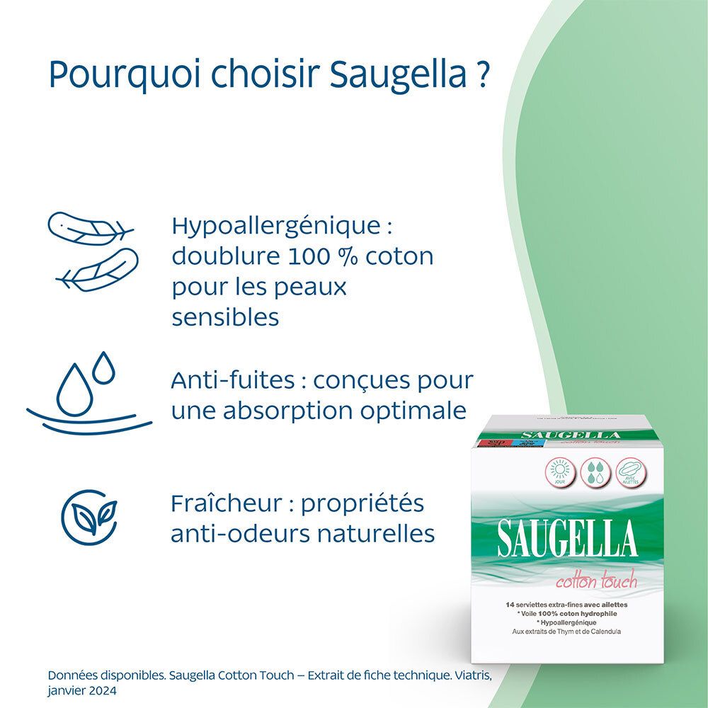 Saugella - Cotton Touch - Serviettes hygiéniques de Jour extra-fines avec ailettes - 100% coton hydrophile - Hypoallergénique - Extraits de Thym et de Calendula - Jour - Pack de 14 X2