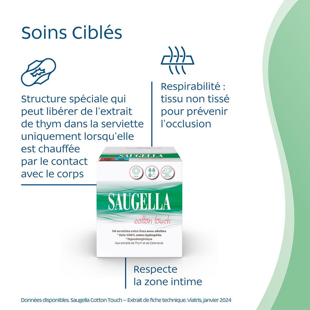 Saugella - Cotton Touch - Serviettes hygiéniques de Jour extra-fines avec ailettes - 100% coton hydrophile - Hypoallergénique - Extraits de Thym et de Calendula - Jour - Pack de 14 X2