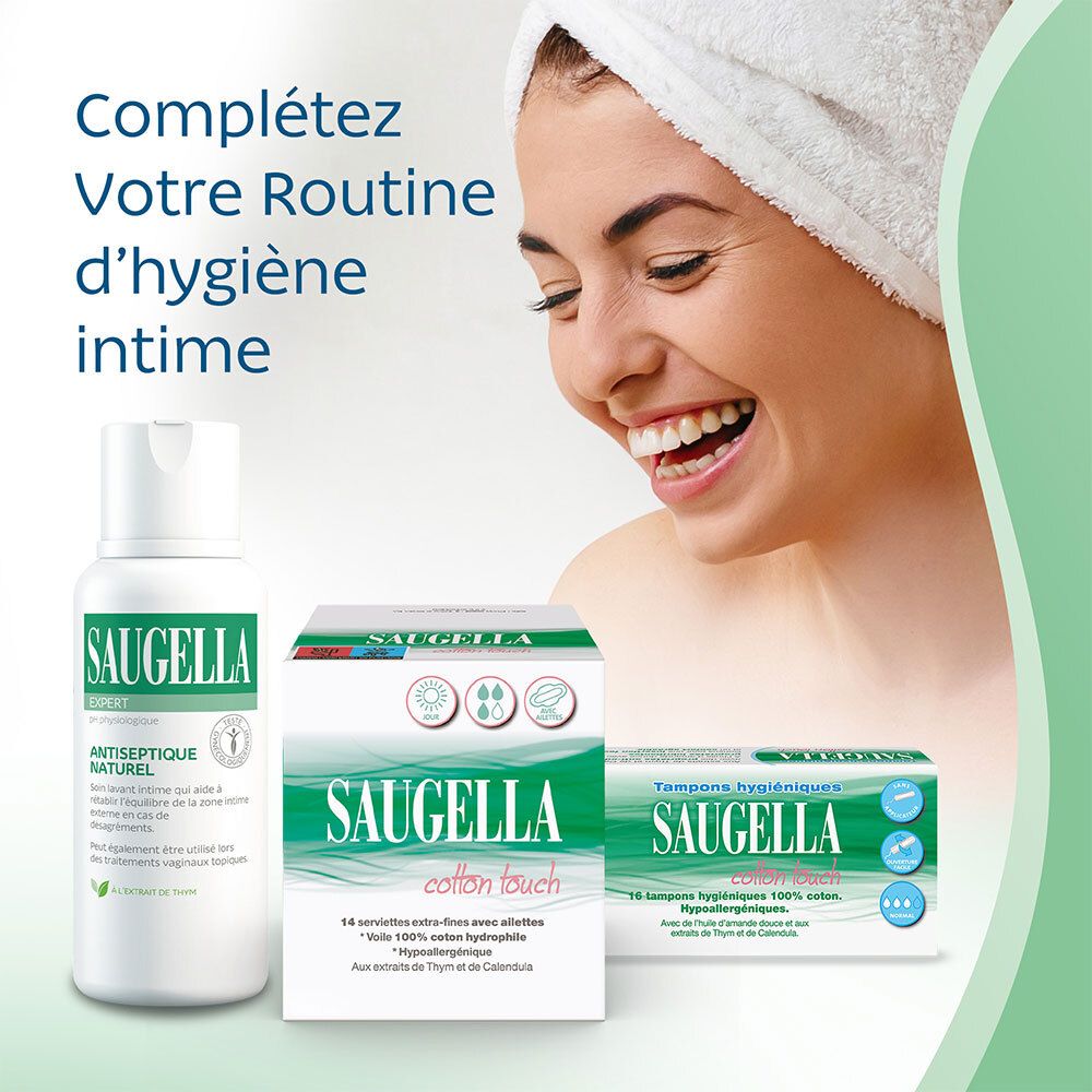 Saugella - Cotton Touch - Serviettes hygiéniques de Jour extra-fines avec ailettes - 100% coton hydrophile - Hypoallergénique - Extraits de Thym et de Calendula - Jour - Pack de 14 X2