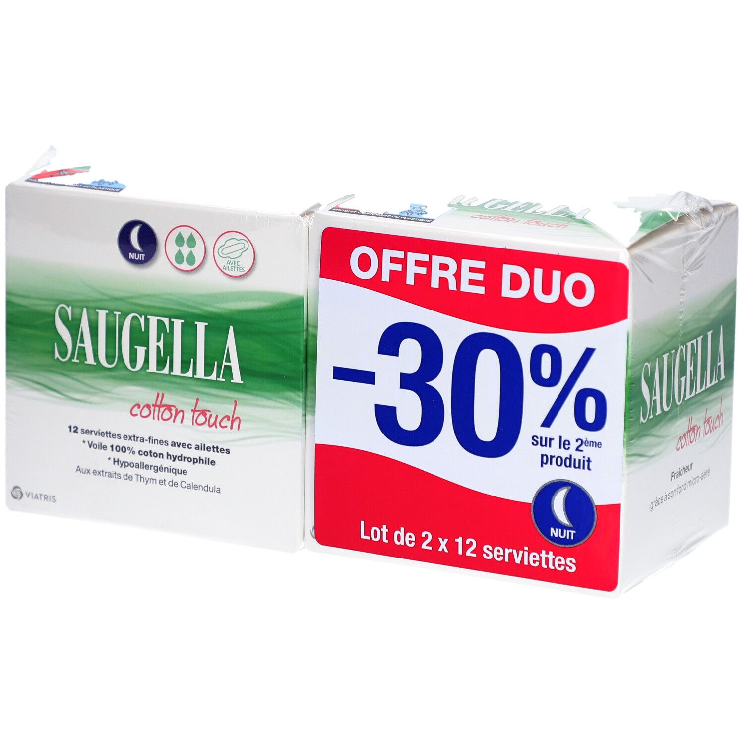 Deux paquets de serviettes Saugella Cotton Touch Nuit. Offre Duo avec 30% de réduction.
