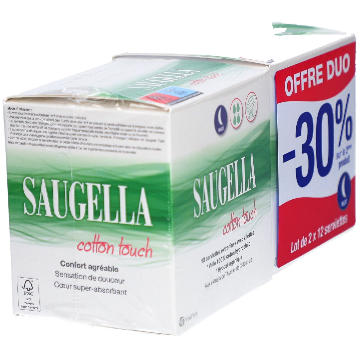 Deux paquets de serviettes Saugella Cotton Touch Nuit. Offre Duo, vue de côté.
