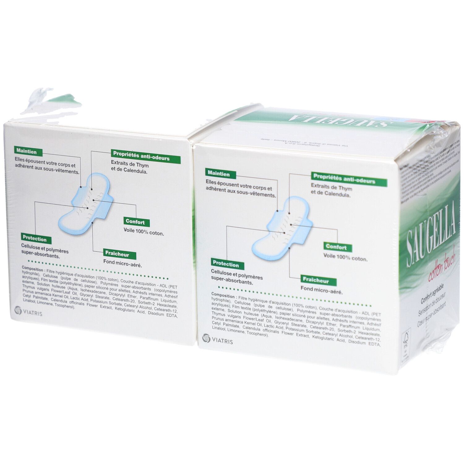 Dos du paquet Saugella Cotton Touch. Informations produit et ingrédients.