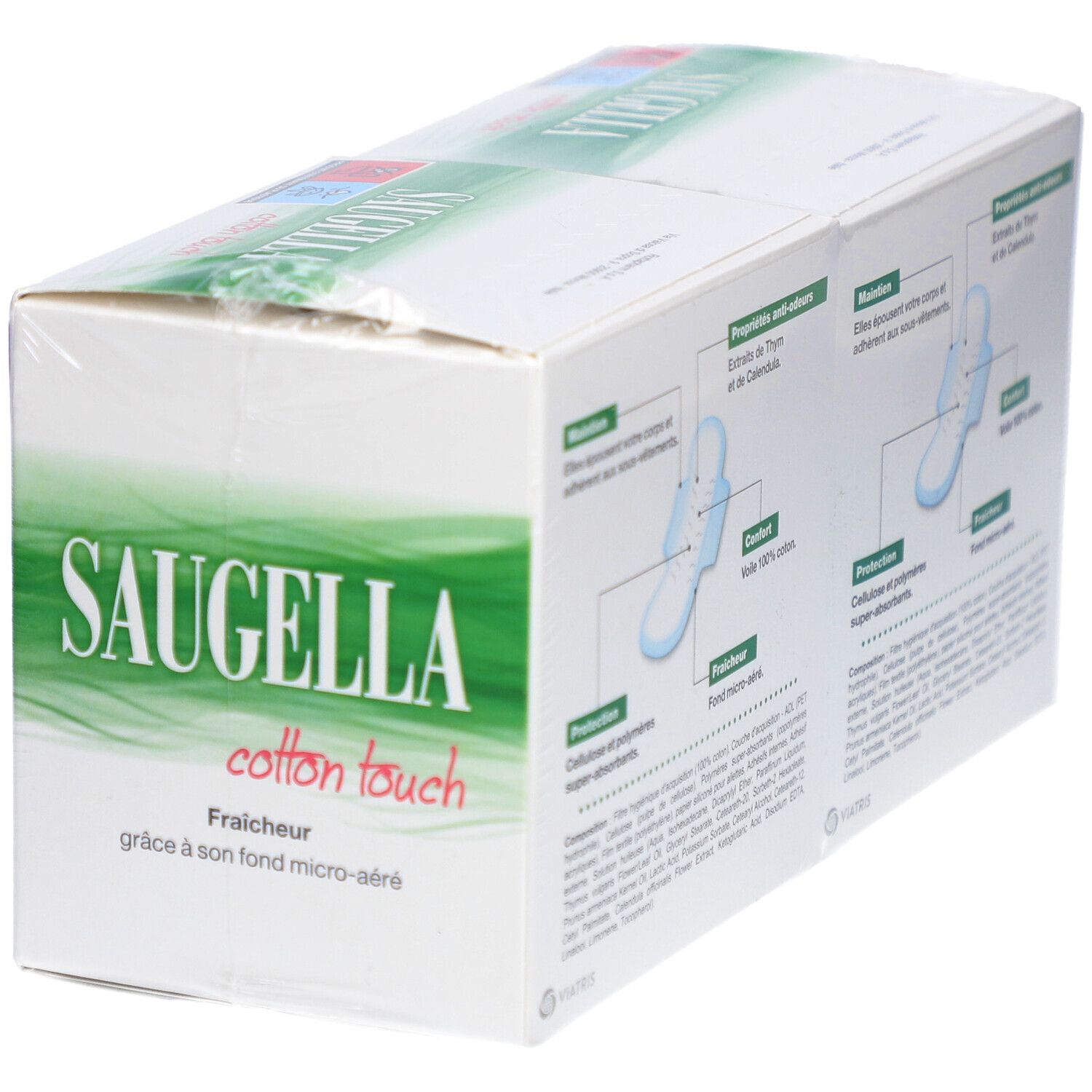 Vue latérale du paquet Saugella Cotton Touch. Informations produit et ingrédients.