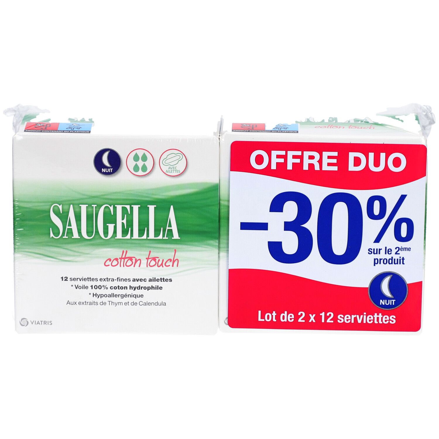Deux paquets de serviettes Saugella Cotton Touch Nuit. Offre Duo, vue de face.