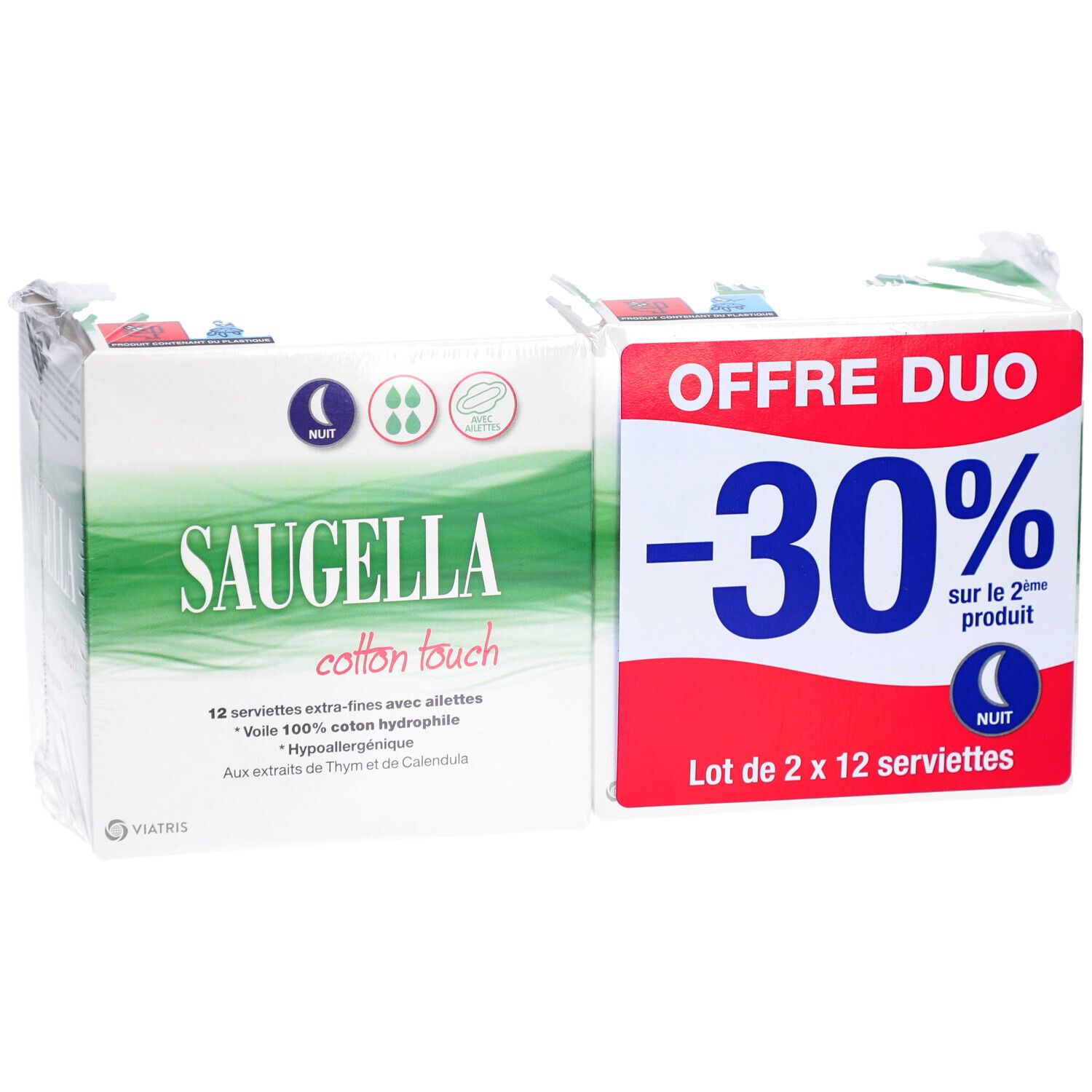 Deux paquets de serviettes Saugella Cotton Touch Nuit. Offre Duo, gros plan.