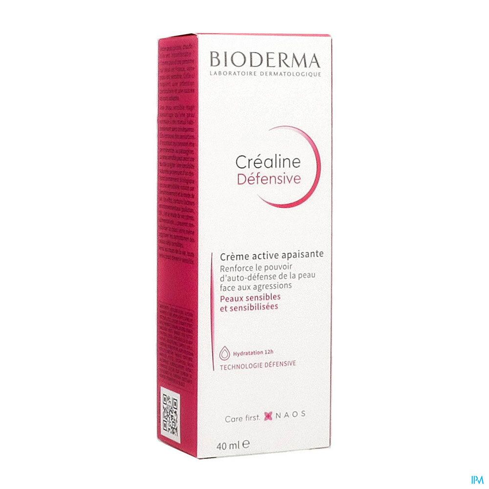 Boîte Créaline Défensive Crème Active Apaisante. Blanc, rouge et rose. Texte: Bioderma, Créaline Défensive, 40 ml.