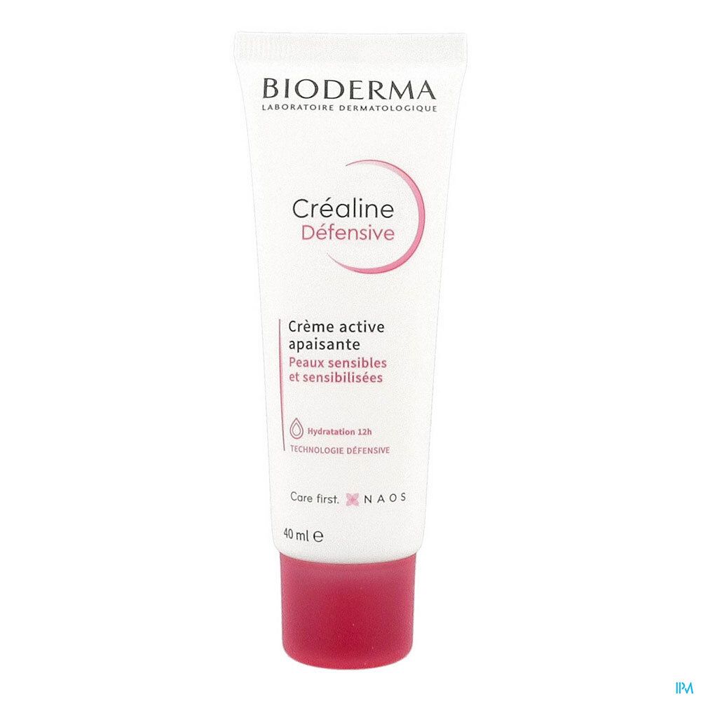 Tube Créaline Défensive Crème Active Apaisante. Tube blanc avec bouchon rouge. Texte: Bioderma, Créaline Défensive, 40 ml.