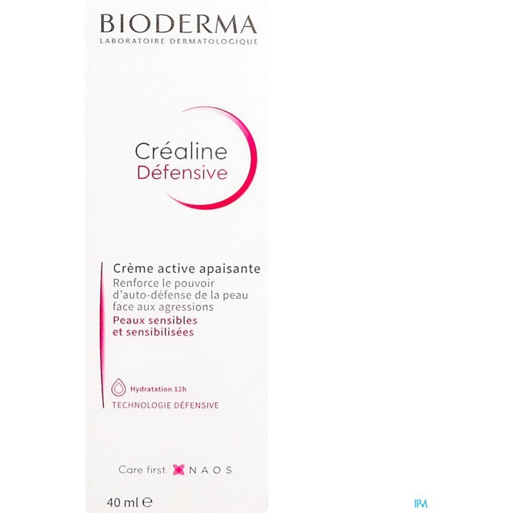 Emballage Créaline Défensive Crème Active Apaisante. Blanc, rouge et rose. Texte: Bioderma, Créaline Défensive, 40 ml.