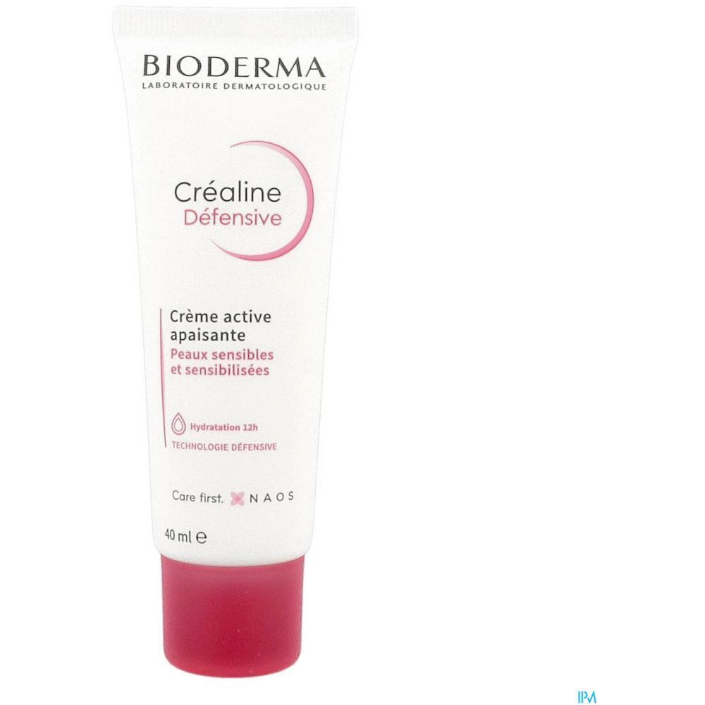 Tube Créaline Défensive Crème Active Apaisante. Tube blanc avec bouchon rouge. Texte: Bioderma, Créaline Défensive, 40 ml.
